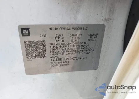 2019 Chevrolet Cruze Lt из США, поврежденный, VIN 1G1BE5SM0K7147381